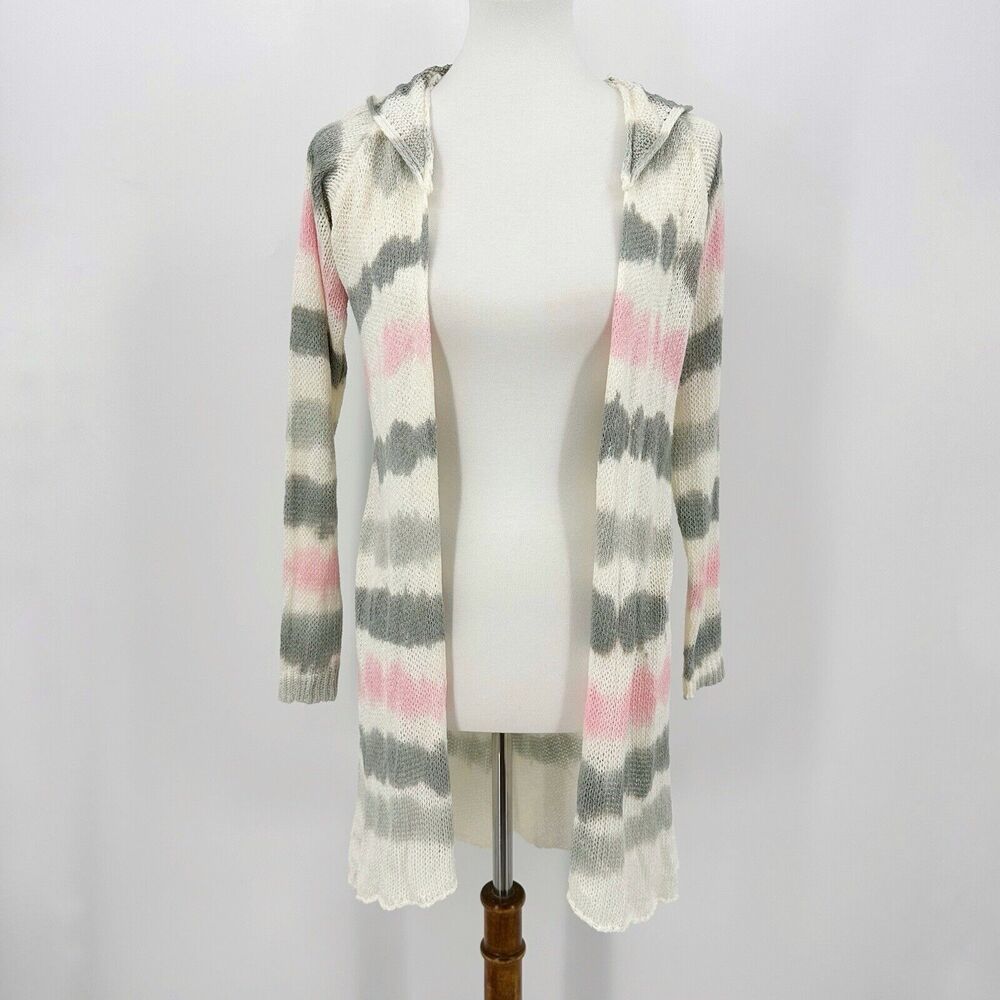 Olivia M Cardigan Sweater Size L Women Pink Gray Combo Hooded Knitted Open Front